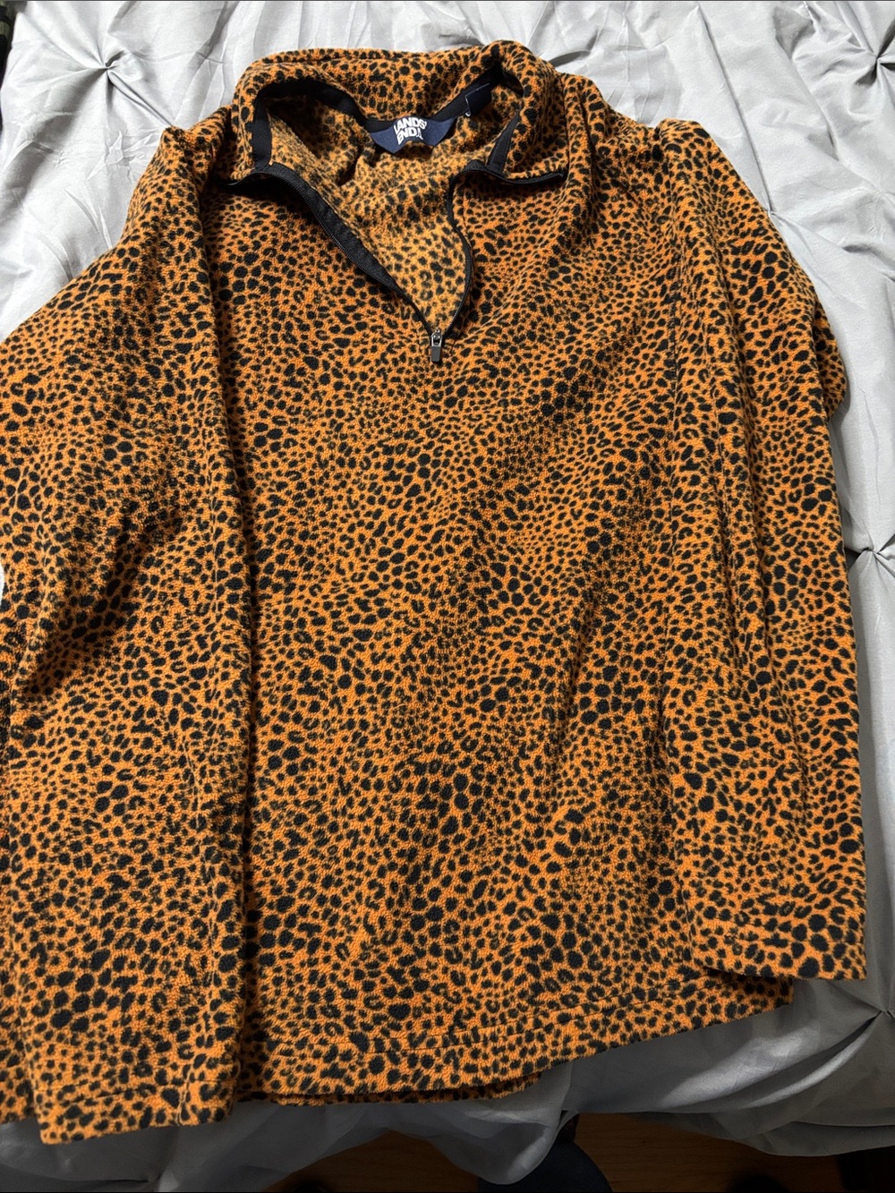 Lands' End Women's Orange and Black Leopard Print Fleece Pullover